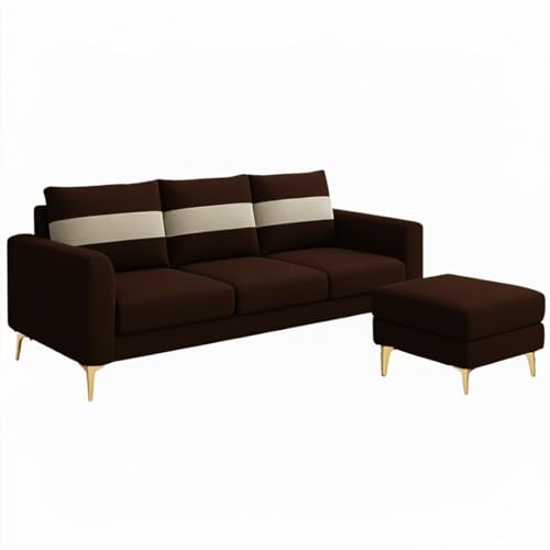 Image of FURNY Nova 4 Seater L Shape Sofa Set with Movable Ottoman | Flexible Left or Right Layout | Plush Velvet Fabric (Brown-Cream) | Perfect for Living Room, Guest Room & Office