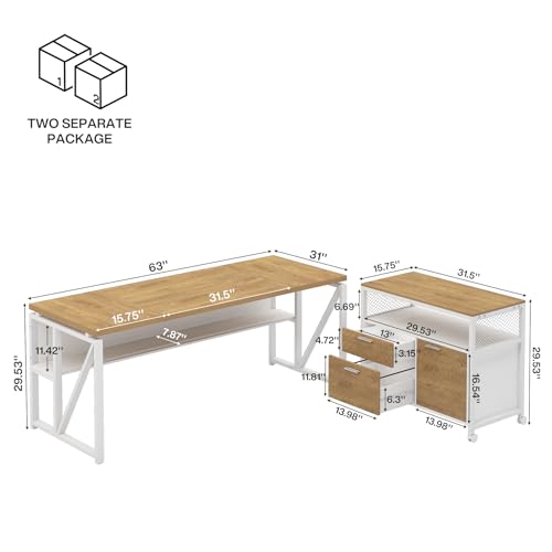 Image of Tribesigns L Shaped Desk with Drawer Cabinet, 63 inch Executive Computer Desk and lateral File Cabinet, 2 Piece Home Office Furniture with Drawers for Hanging, Doors with Locks (Light Walnut, 63 inches)