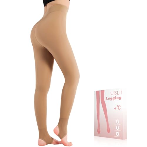 UISLII US UISLII Fleece Lined Tights Women, Warm Stirrup leggings, Fake Translucent Thermal Skin Colored Tights for Winter(Suntan L-T)