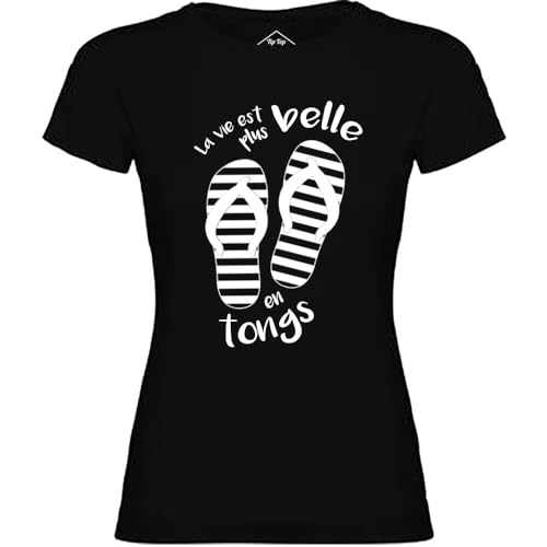 T-shirt femme La Vie est Plus Belle en Tongs haut noir à manches courtes