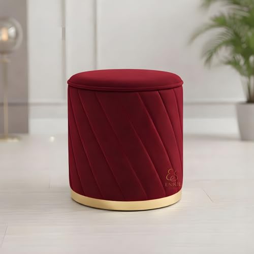 Image of Luxury Round Velvet Ottoman Stool with Gold Base - Modern Upholstered Footrest Pouffe, Tufted Vanity Seat, Living Room Bedroom Dressing Stool (Maroon)