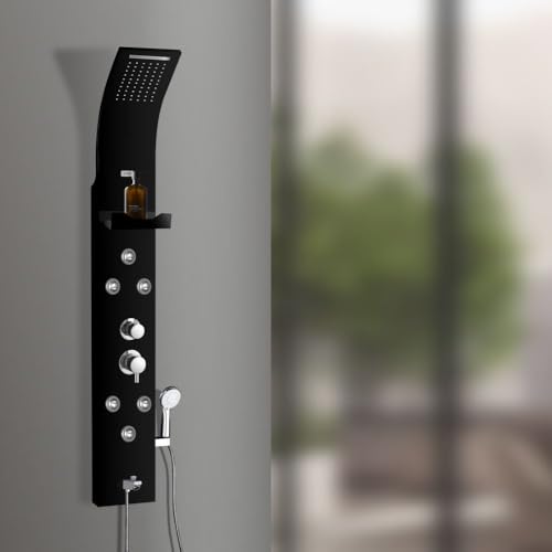Image of Jaaz Hydra Aluminum Shower Panel for Bathroom Full Set with Rain & Waterfall Overhead Shower, 6-Body Jets, 5-Function Mixer & Diverter, Shampoo Rack, Hand Shower & Tub Spout (1, Black)