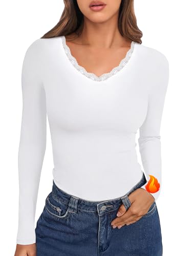 Crewhpo Women's Thermal Top - Long Sleeve Lace V-Neck Base Layer - Lightweight Thermal Underwear Shirt - Slim Fit