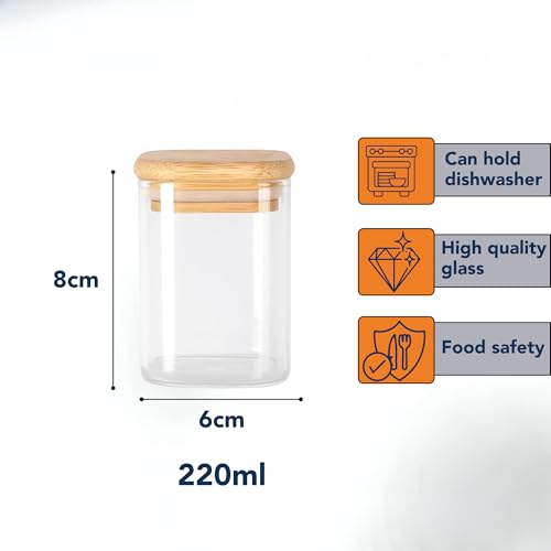 Image of Airtight Square Glass Storage Jar with Bamboo Lid, 220ml Pack of 2 | Borosilicate Multipurpose Kitchen Container for Coffee, Tea, Sugar, Masala, Spices & Dry Fruits | Transparent Pantry Organizer