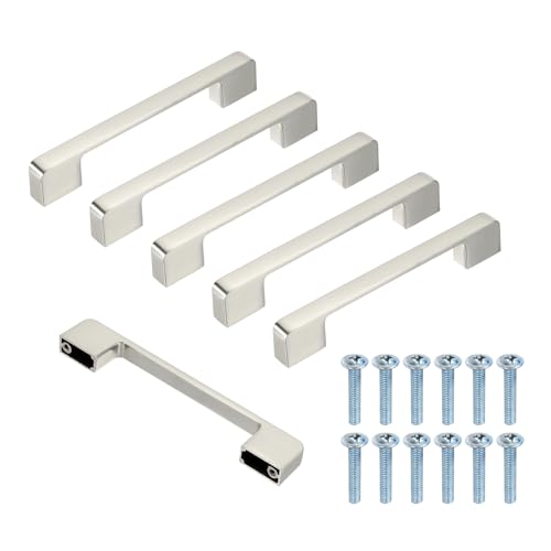 QUARKZMAN 6 Piezas de Tiradores para Gabinetes de Cocina, Aleación de Zinc 5' (128mm) Distancia Entre Agujeros Tiradores de Cajón Con Base Ancha para Armario Ropero Cómoda, Plata Cepillada