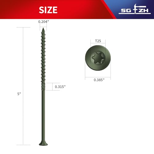 Image of #10 x 5 Inch Deck Screws (36Pcs) 1lb. Carbon Steel, Green, Flat Head, Rust Resistant epoxy Coated, with T25 Star Bit