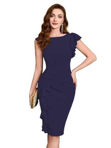 Image of Shasmi Girl's & Women's Asymmetrical Sleeve Ruffle Trim Cocktail Party Fitted One Piece Knee Length Midi Dress for Women Stylish Dresses (Midi 169)