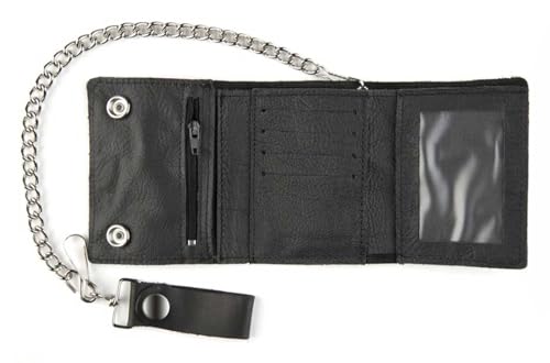 Mascorro Men's Open Eagle Large Tri-Fold Biker Chain Wallet - Solid Black2