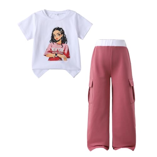 Image of Ayzozuy Kid Girl Clothes Outfits Figure Letter Graphic Tee Top + Flap Pocket Pants 2PC Clothing Set
