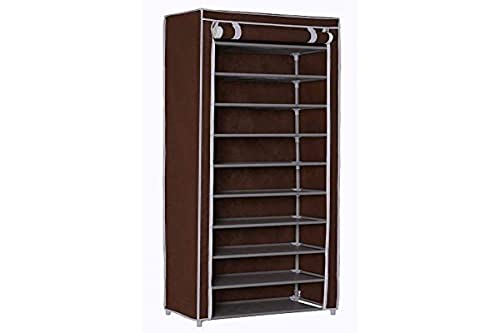 BAKAJI Scarpiera Armadio Salvaspazio 11 Ripiani 60x30x175cm Fino a 30 Paia di Scarpe Struttura Acciaio e Rivestimento in Tessuto TNT Impermeabile con Chiusura Zip Antipolvere (Marrone)