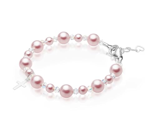 Image of Baby Crystals Personalized Pink Pearl Bracelets for Girls, Sterling Silver Initial & Cross Charm, Created with Swarovski Pearls and Crystals, Baptism, Communion, Christening Jewelry Gift