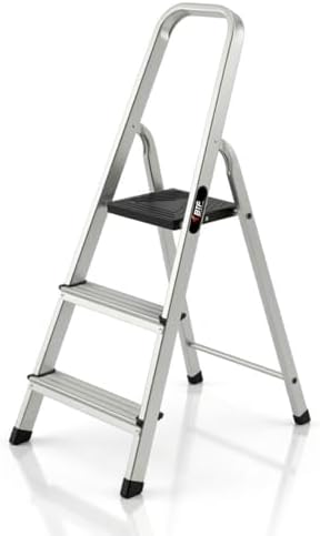 Escaleras Plegables de Aluminio 3 Peldaños | BTF Escalera Plegable Doméstica Tijera Ligera con Antideslizante, Carga 150 kg, Altura 2,3 m, Certificada en Europa