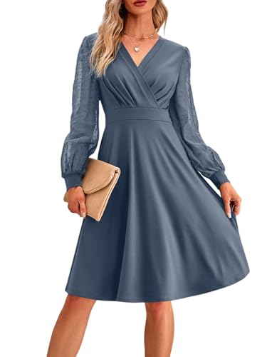 MAYFASEY Langärmeliges Damenkleid, V-Ausschnitt, A-Linie, hohe Taille, Midi-Kleid, lässig, locker, schwingend, knielanges Kleid, blau / grau, S