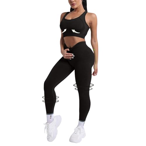 Vhersily Set de Ropa Deportiva para Mujer Top Deportivo+Leggings 2 Piezas Kit Push Up Pantalones de Cintura Alta Pilates Jogging Traje Deportivo Fitness a la Moda Activewear para Entrenamiento y