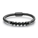 Flongo Lederarmband Energiearmband Lava Herren Echtleder Leder-Armband Damen Armreif Mala Lava-Stein Kugel Pernlen Armkette mit Magnetverschluss Schwarz für Männer Frauen