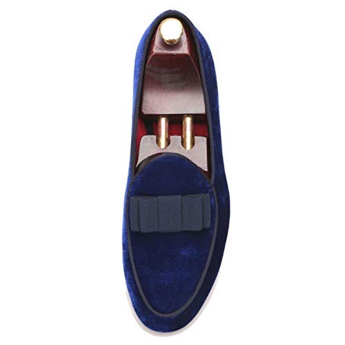 FERUCCI Handmade Blue Men Velvet Slippers Loafers with Black Bow