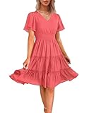 Zattcas Women 2025 Sping Summer Dress Short Sleeve V Neck Smocked Casual Flowy A Line Tiered Modest Teacher Work Graduation Wedding Guest Midi Dress Watermelon Red S