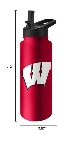 Image of Logo Brands NCAA Wisconsin Badgers 34 oz Stainless Steel Quencher Bottle - Team Color, Straw Included, No-Spill Lid, Easy Carry Handle - Keeps Drinks Cold For Hours