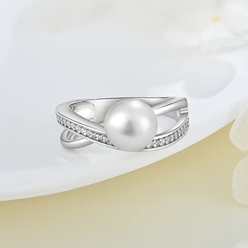 Women Pearl Ring 925 Sterling Silver 3A Cubic Zirconia 9mm Freshwater Pearl Cross Ring for Women3