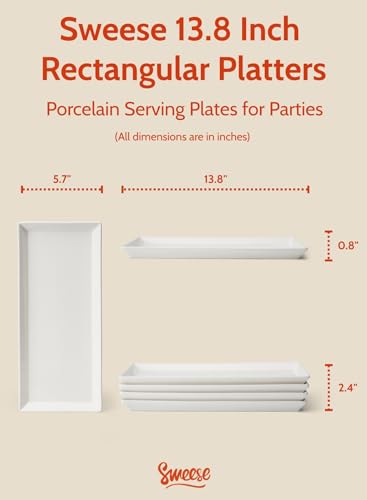 Sweese Rectangular Porcelain Platters, Serving Trays for Parties - 13.8 Inch, Set of 4, White