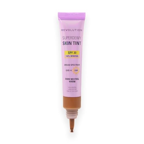 Image of Revolution Superdewy SPF 30 Skin Tint, Dark Neutral Warm | Tinted Mineral Face Foundation, Buildable Coverage for Facial Glow, 12% Zinc Oxide, Vegan & Cruelty-Free