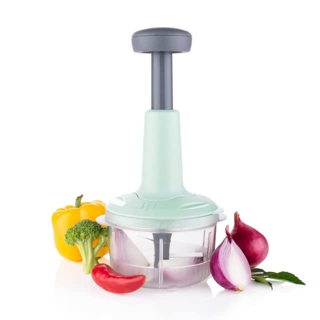 Ferio 800 ML Manual Speedy Hand Press Food Chopper With 3 Blade Chopper For Vegetables, Fruits, Nuts And More-Egg Whisk-Perfect Chopping With Easy Push And Close Button Green (Pack Of 1)