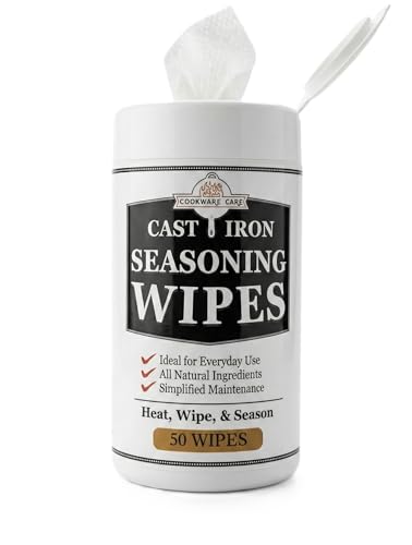Cookware Care Cast Iron Seasoning & Cleaning Oil Wipes – Seasons, Cleans & Conditions Cast Iron Skillet, Carbon Steel & Blackstone Griddle | 50 Wipes, Made in USA with Grapeseed Oil (1 Pack)