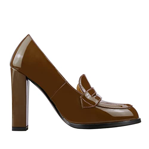 Lutalica W Women's Handmade Closed Round Toe Patent Leather Slip On Dressy Chunky High Heel Loafer Pumps Shoes for Work Party Evening3