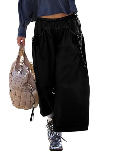 Zhiyouni Women's Loose Wide Leg Track Pants Casual Elastic High Waist Cargo Trousers(Black-S)