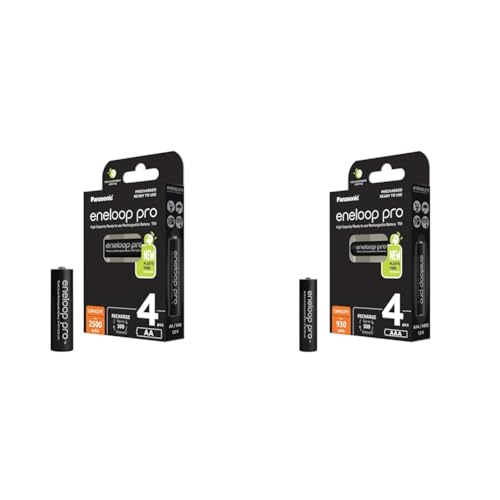 Panasonic eneloop pro AA/Mignon, 4er-Pack & eneloop pro, AAA/Micro, 4er-Pack, min. 930 mAh, 500 Ladezyklen Lebensdauer, geringer Selbstentladung, wiederaufladbarer Akkus in plastikfreier