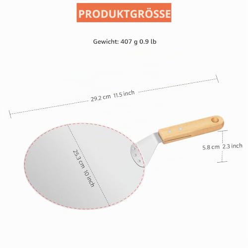 Foto von Asdirne Pizzaschieber, Pizza Schaufel Metall mit Holzgriff und Edelstahl-Metall-Tablett für hausgemachte Pizzen, Gebäck, Teig, Brot, Kuchen etc, Heavy Duty Ofen Schieber, 10 Zoll