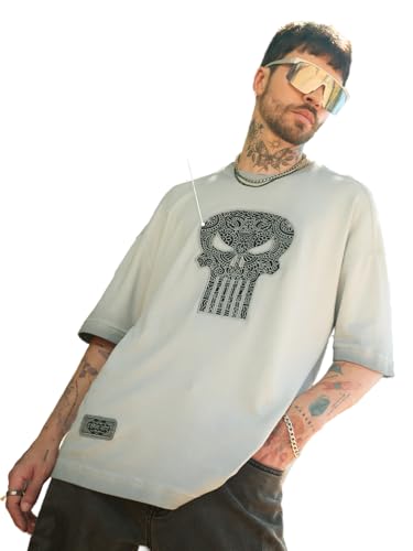 Image of The Souled Store Marvel Indie: Logo Men and Boys Short Sleeves Round Neck Embroidered Drop Shoulder Baggy Casual Streetwear Superheroes Inspired Cotton Super Oversized T-Shirt
