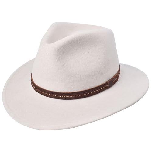 Bigalli Escapade Hat 100% Wool Felt for Women/Men Teardrop Shape with Genuine Leather with Texture Crushable Waterproof | Wide Brim | Safari Cowboy Cowgirl Hat | Cream Large