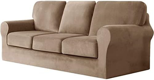 UNBBRRL 7-Piece Stretch Velvet Sofa Couch Covers, 3 Seater Couch Slipcover With Separate Backrests And Cushions Covers With Elastic Band Anti-Slip Furniture Protector For Home Hotel (Dark green)