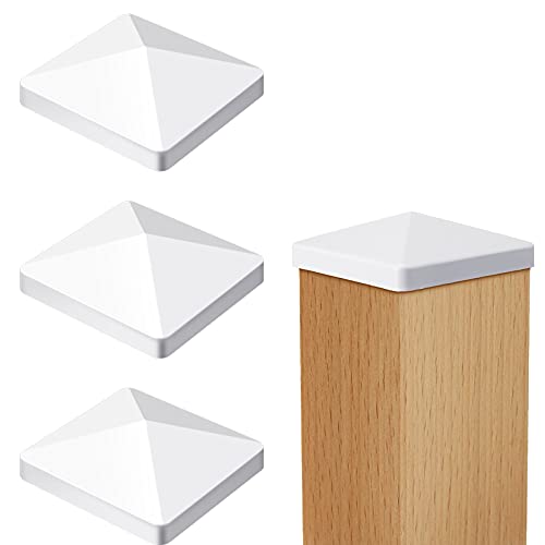 4 Pieces Vinyl Pyramid Fence Post Cap Cover 4 x 4 Inch White PVC Fence Post Cap Pyramid Post Cap for Nominal Wood Posts
