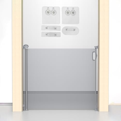 Image of Kids Station Baby Retractable Safety Gate with Glass Mounting Stickers - Magic Pet Gate for The House - Extra Wide - Dog Safety Fence Guard - Height 90cm or 2.9ft, Width 140cm or 4.6ft (Grey)