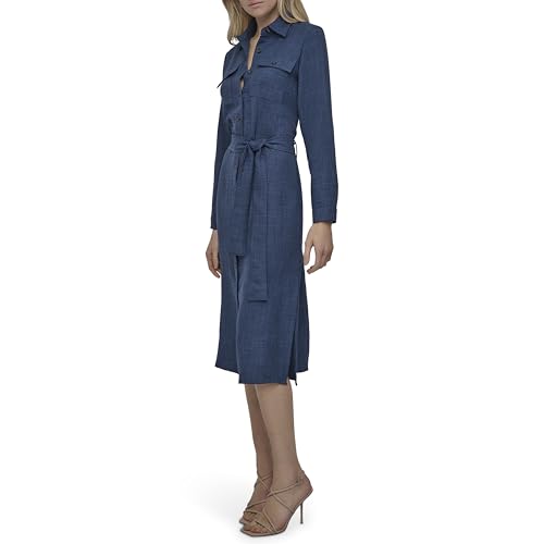 Image of DKNY Women's Long Sleeve Collared Tie Waist Midi Shirtdress