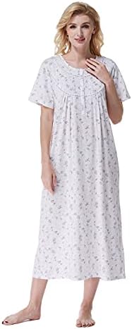 Keyocean Women Nightgown, Soft 100% Cotton Comfy Lightweight Lace Trim Short Sleeve Ladies Sleepwear, Purple Floral, Medium (M)
