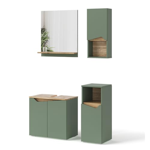 Vicco Ensemble de Meubles de Salle de Bains Marelle, Vert/Artisan, 60 cm, composé d’Un Meuble sous-lavabo, Armoire Miroir, Colonne et Meuble Suspendu