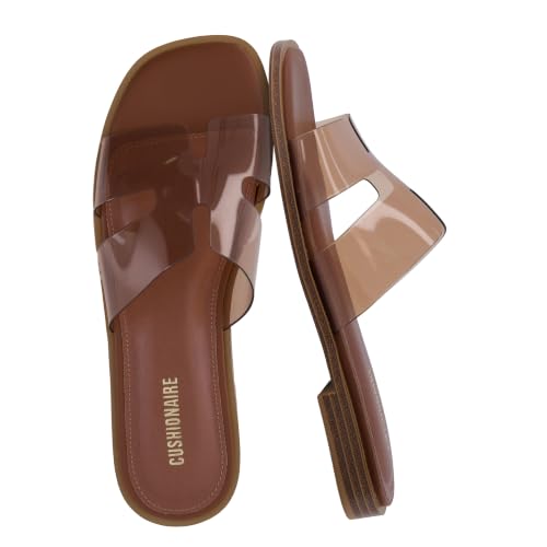 Image of CUSHIONAIRE Voyage Cutout Strap Slides for Women, Slip On Summer Flats, Trendy Footwear, Memory Foam Vegan Leather Comfortable Vacation Style Sandals