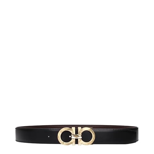 Salvatore Ferragamo Adjustable Reversable Smooth Black/Pebbled Brown Leather Gold Gancini Belt (105IT)