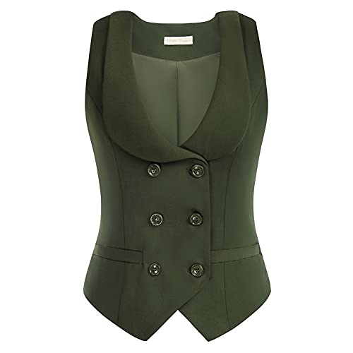 Belle Poque Chaleco de mujer con doble botonadura de color liso formal retro estilo empresarial, Verde, XL