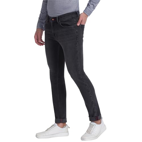 Image of Raymond Men's Cotton Blend Solid Pattern Slim Fit Flat Front Jeans