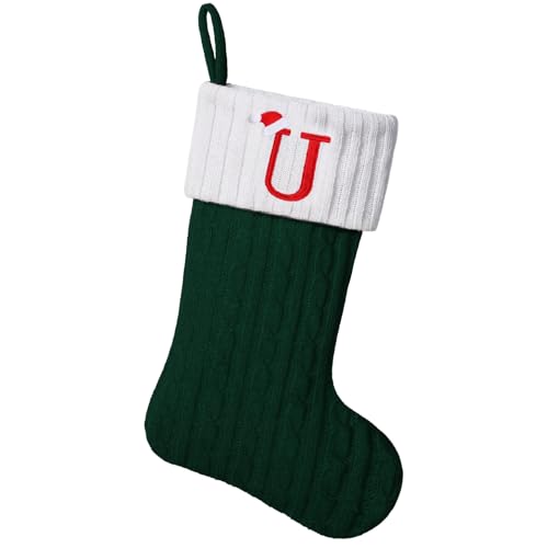 Yehnois 19" Personalized Green Knit Christmas Stockings,Embroidered Initial