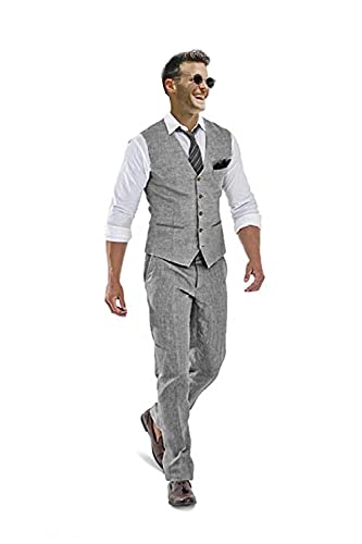 Beach Wedding Suits 2 Pieces Slim Fit Vest Pant Groomsmen Tuxedos Summer Gray Men Suits Linen Casual Suits For Men Gr-S/3832 #TOP3