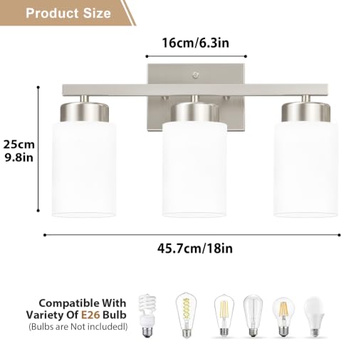 Image of IZORRO Bathroom Light Fixtures, Modern Vanity Lights, Bathroom Lighting Fixtures Over Mirror with Milky White Shade, Wall Sconce for Living Room Cabinet Bedroom (Brushed Nickel, 3-Light)
