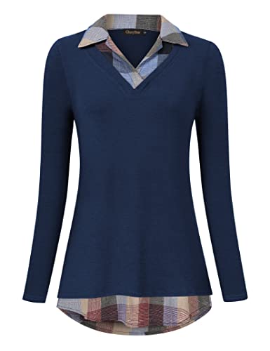 GloryStar Women's Long Sleeve Contrast Collared Shirts Patchwork Work Blouse Tunics Tops