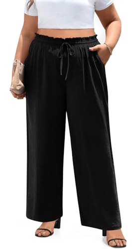 syoss Women's Plus Size Pants High Waist Adjustable Knot Lounge Pants Straight Long Trousers with Pockets