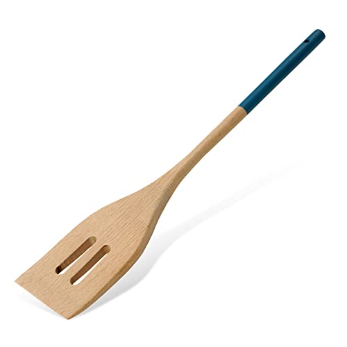 Tasty Wooden Slotted Turner Spatula with Bevelled Front Edge, Heat-Resistant Kitchen and Cooking Spatula with Modern Handle, Dishwasher-Safe, Dimensions: 30 x 5.5 cm, Colour: Light Wood & Dark Blue