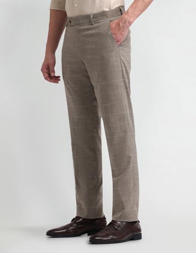 Image of Arrow Men Tapered fit Polyester CheckedMid-Rise waistTrousers